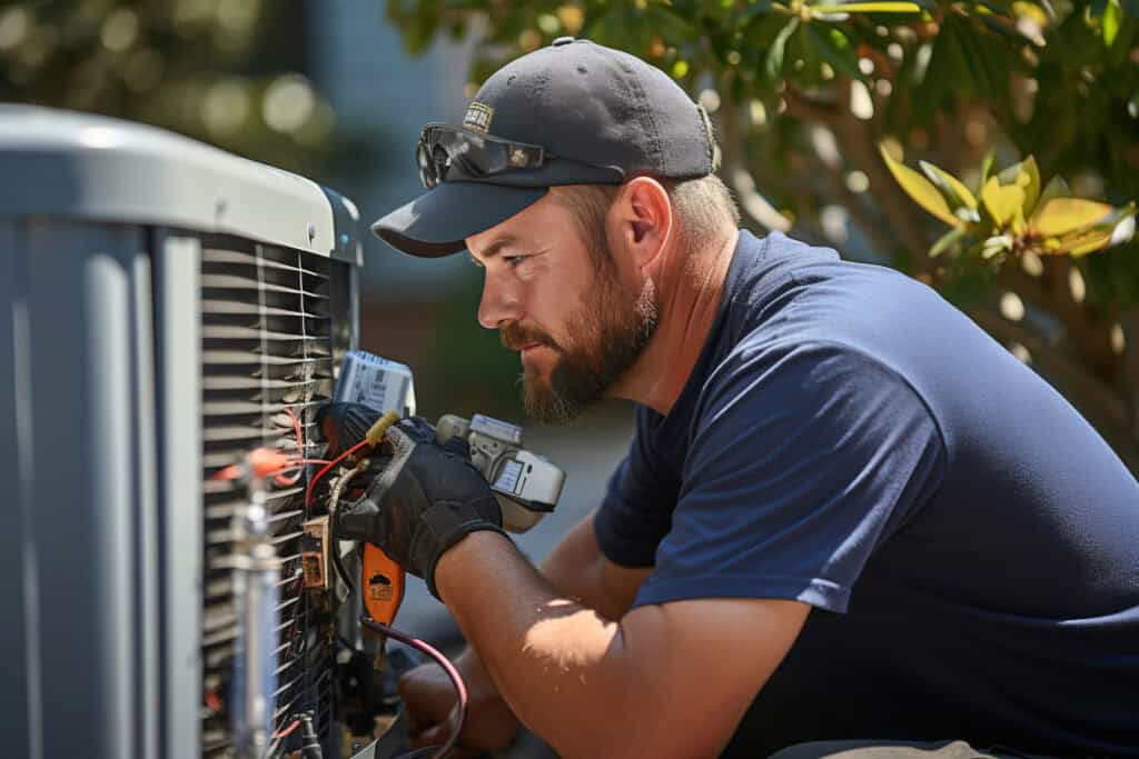 A technician in a navy shirt and cap uses tools to inspect and repair an outdoor air conditioning unit in a residential setting.
