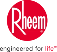 Rheem company logo with the word "Rheem" in white text on a red circular background.